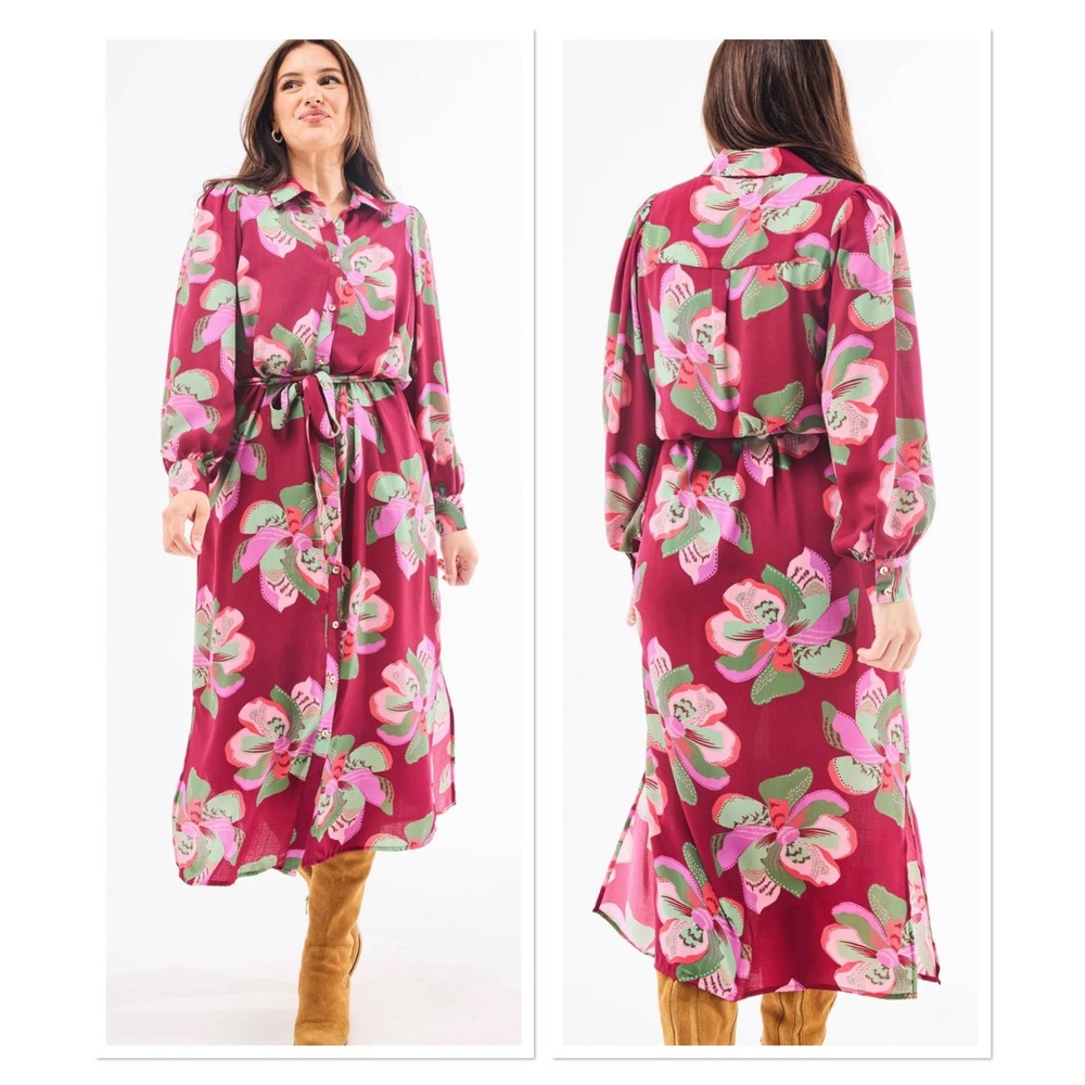 Mary Square Ava Dress Burgundy Floral Midi Shirt Belted Dress Resortwear L NEW